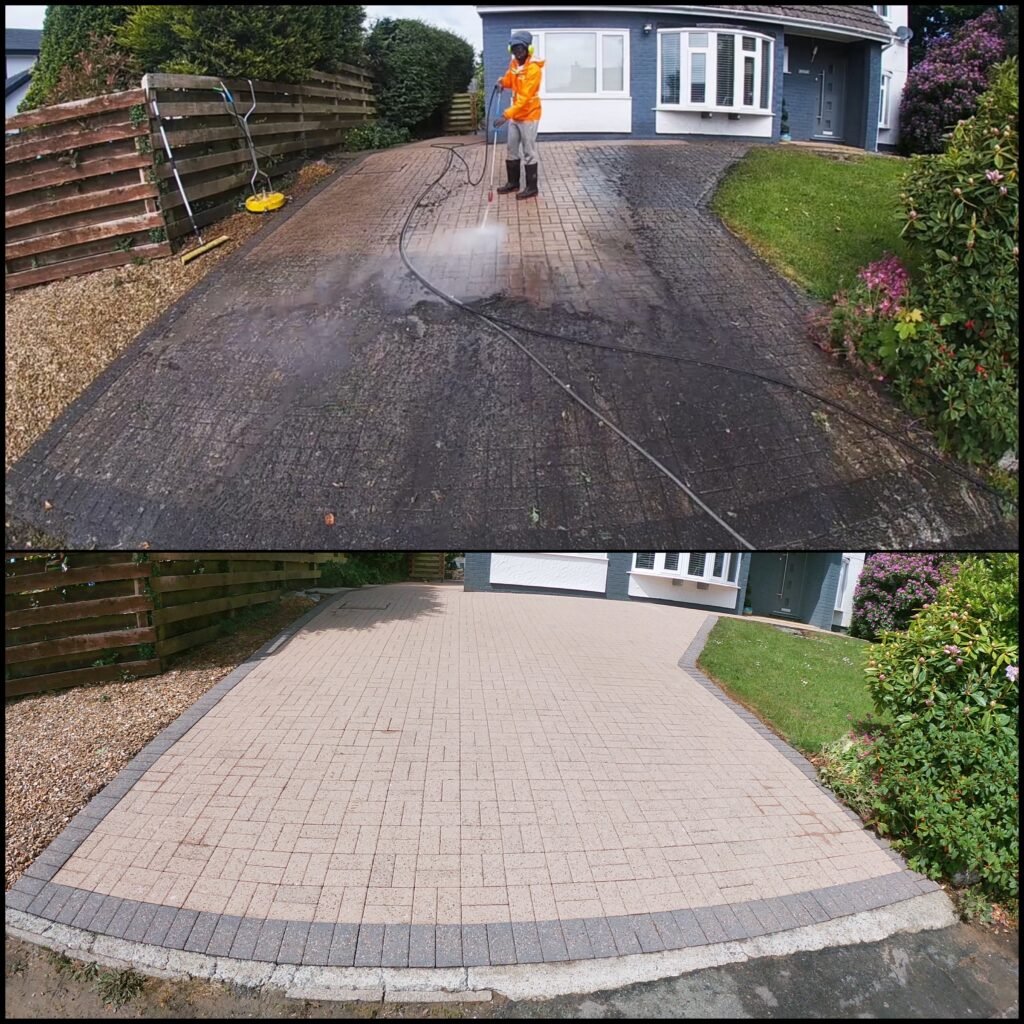 Driveway Cleaning before and after Llanrwst LL26 North Wales by NW Exteriors