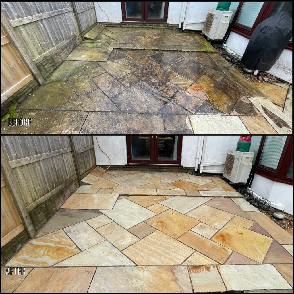 Patio Cleaning before and after Beaumaris LL58 North Wales by NW Exteriors