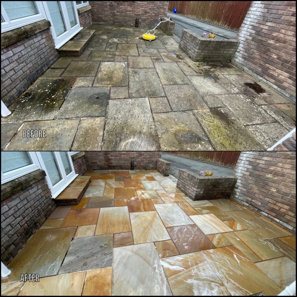Patio Cleaning before and after Benllech LL74 North Wales by NW Exteriors