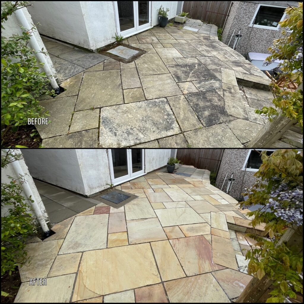 Patio Cleaning before and after Criccieth LL52 North Wales by NW Exteriors