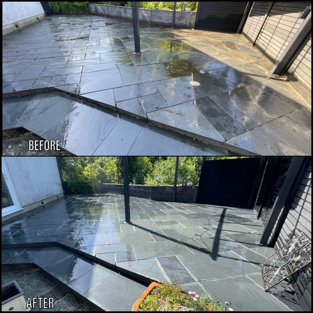 Patio Cleaning before and after Pwllheli LL53 North Wales by NW Exteriors
