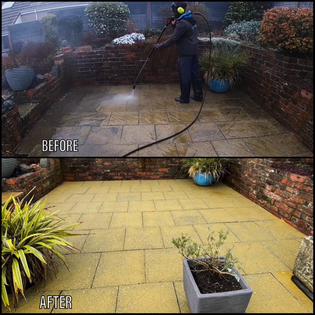 Patio Cleaning before and after Rhyl LL18 North Wales by NW Exteriors