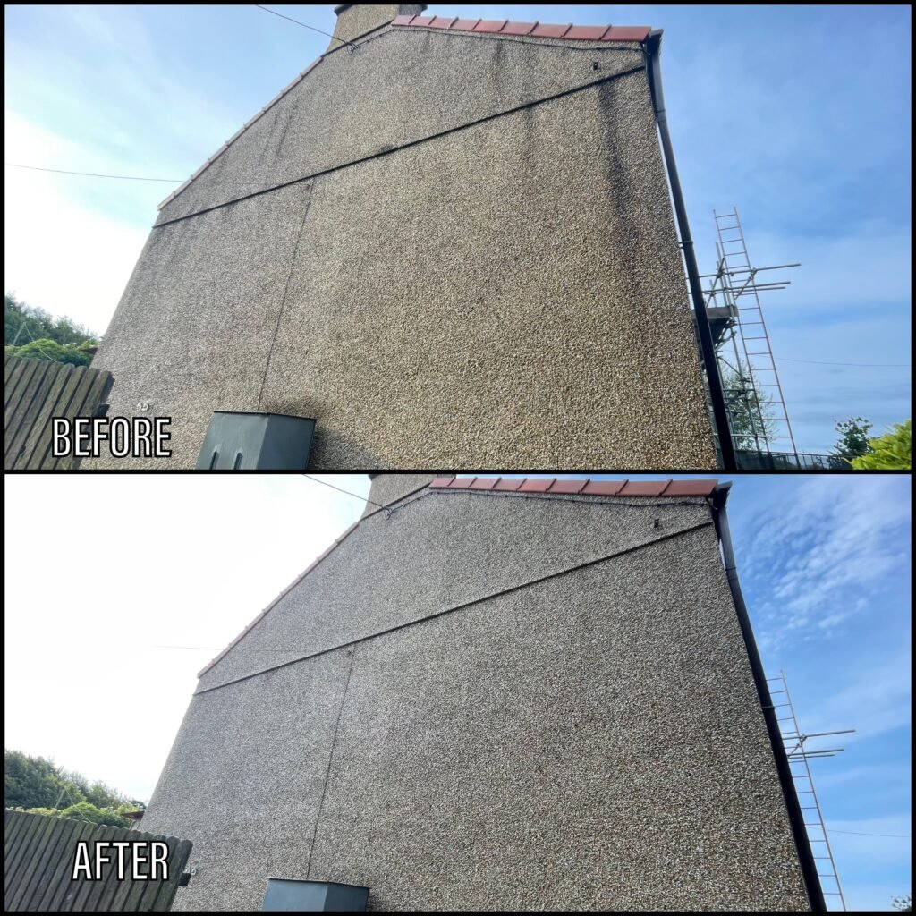 Render Cleaning before and after Llanrwst LL26 North Wales by NW Exteriors