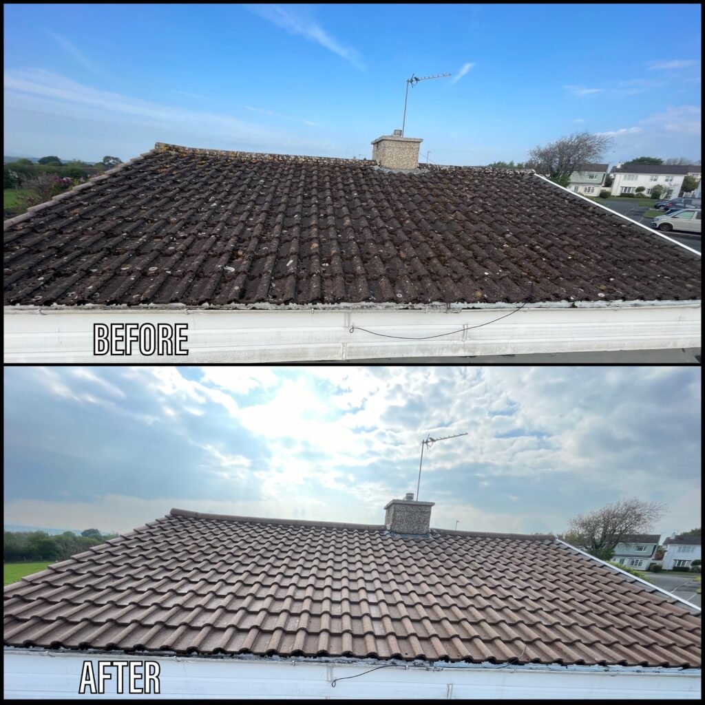 Roof cleaning before and after Bangor LL57 North Wales by NW Exteriors