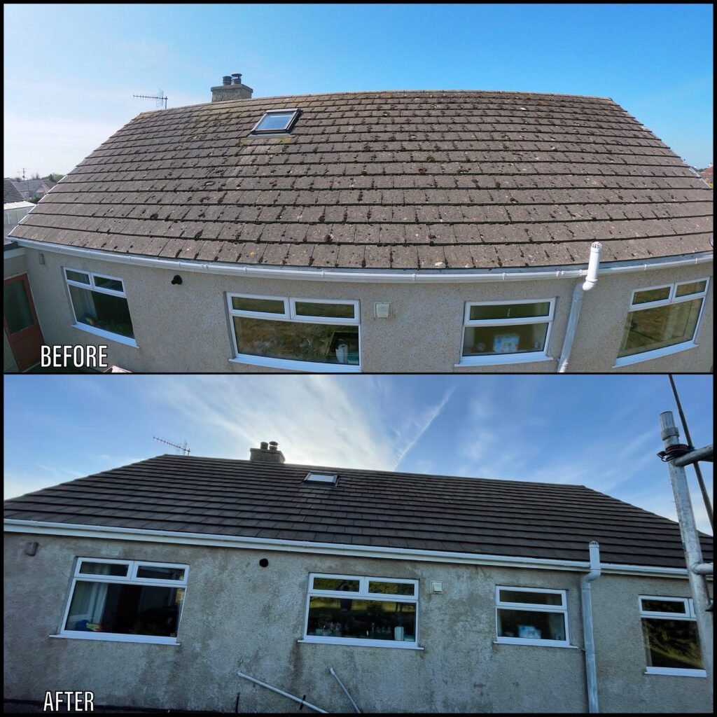Roof cleaning before and after Benllech LL74 North Wales by NW Exteriors
