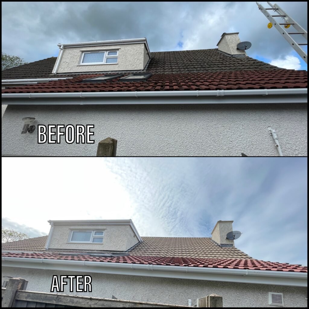 Roof cleaning before and after Caernarfon LL55 North Wales by NW Exteriors