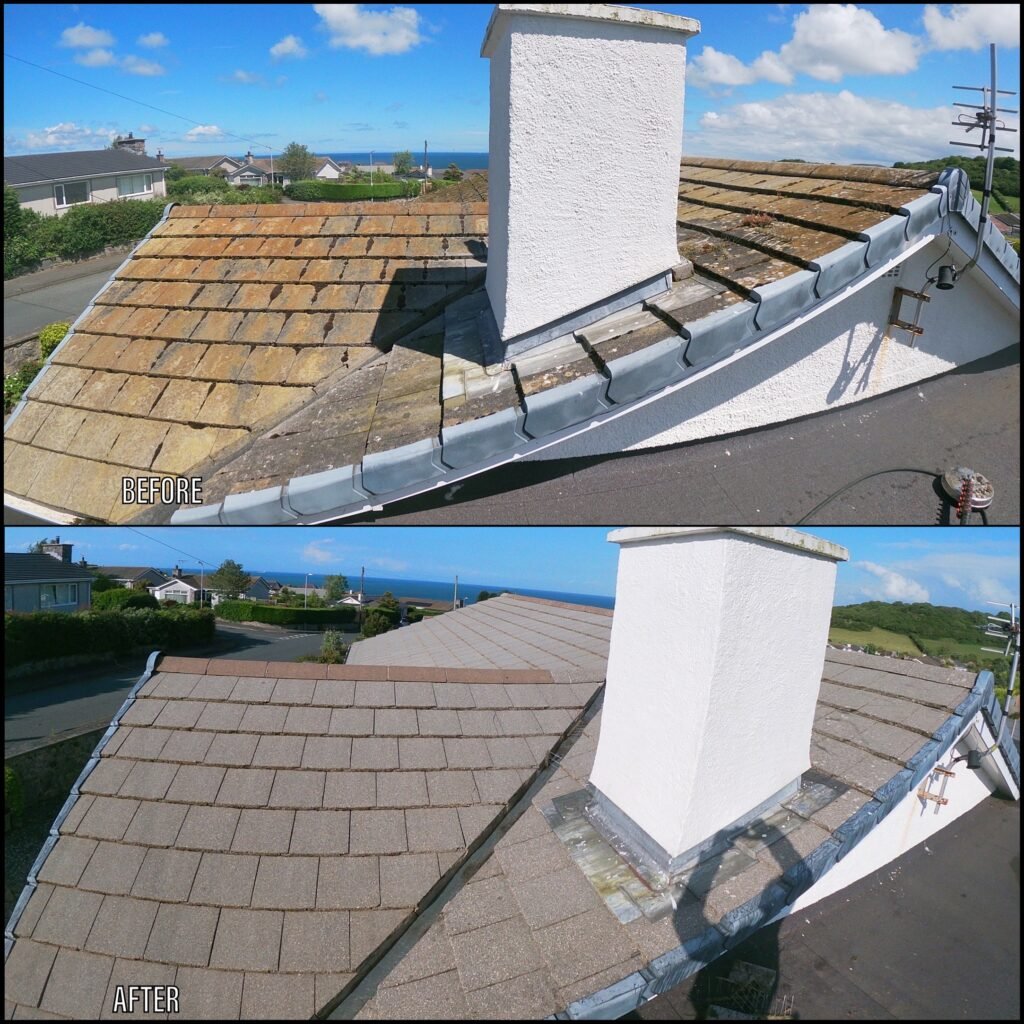 Roof cleaning before and after Harlech LL46 North Wales by NW Exteriors