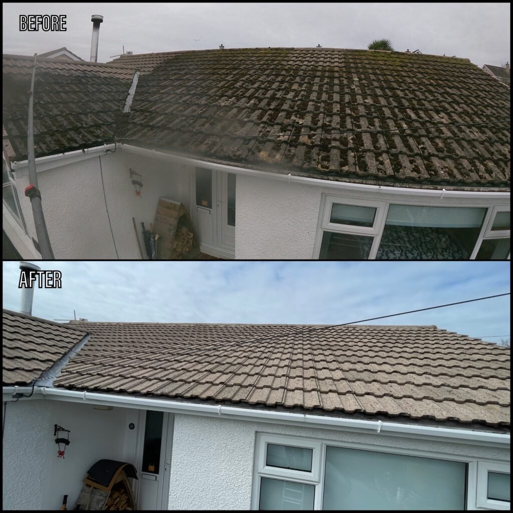 Roof cleaning before and after Llangefni LL77 North Wales by NW Exteriors