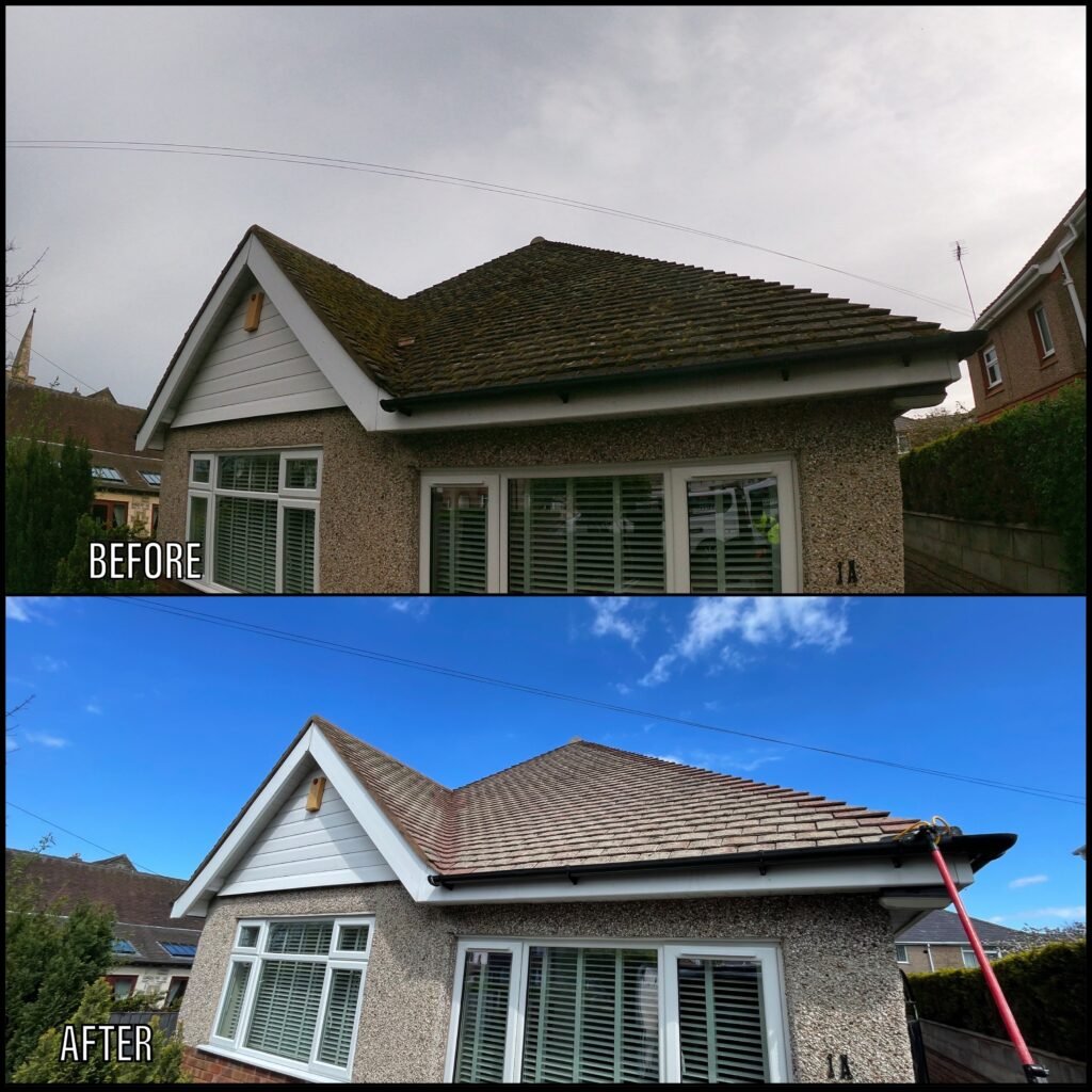 Roof cleaning before and after Llanrwst LL26 North Wales by NW Exteriors