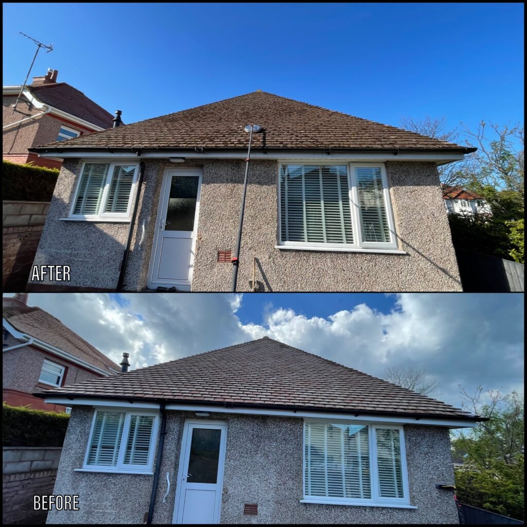 Roof cleaning before and after Penmaenmawr LL34 North Wales by NW Exteriors