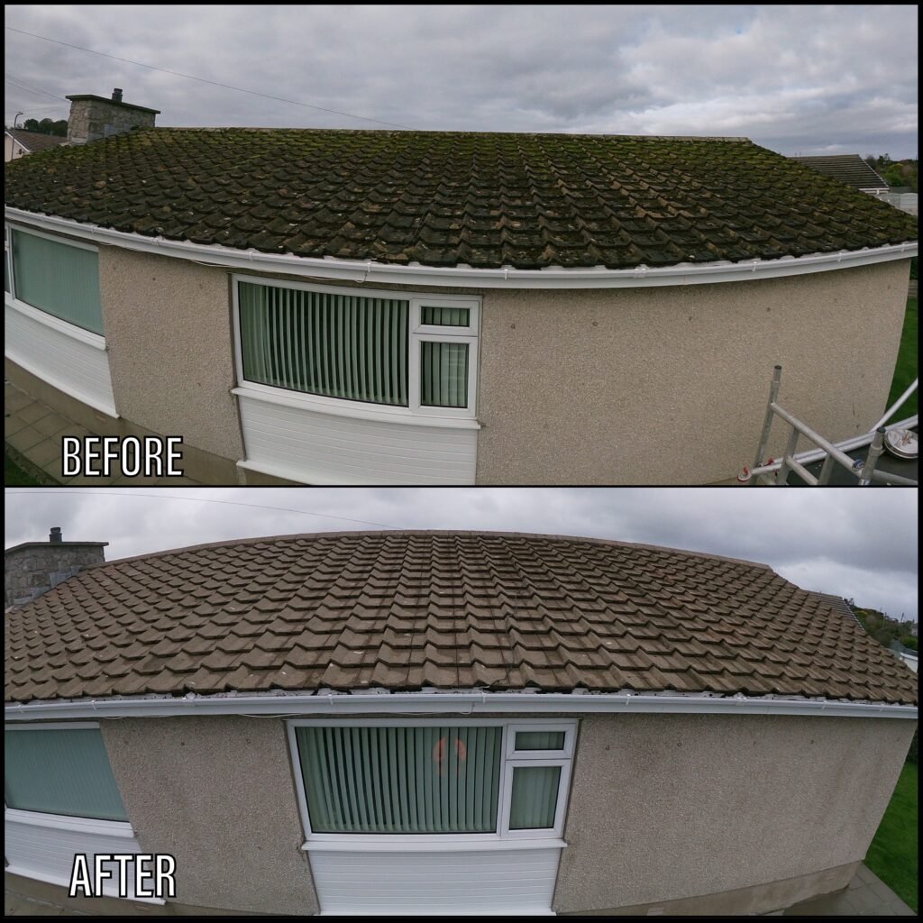 Roof cleaning before and after Penygroes LL54 North Wales by NW Exteriors