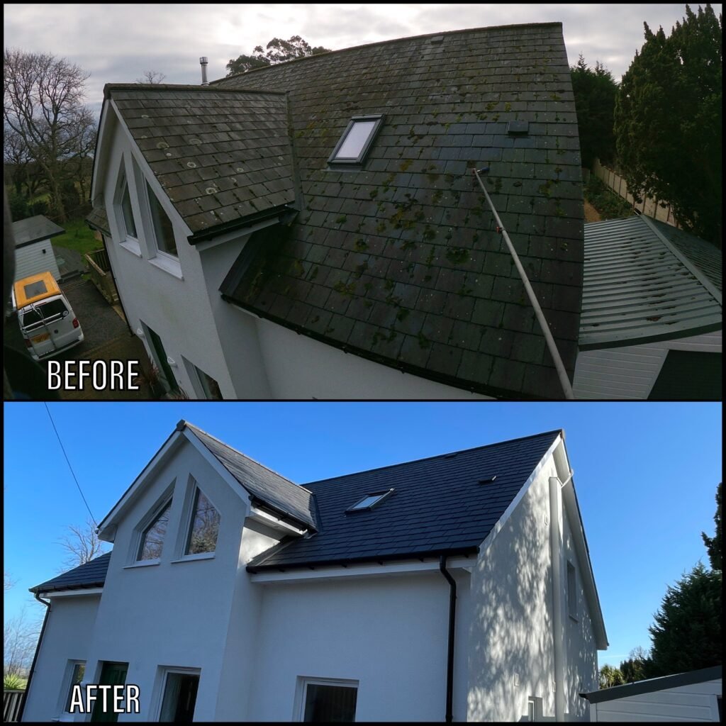 Roof cleaning before and after Pwllheli LL53 North Wales by NW Exteriors