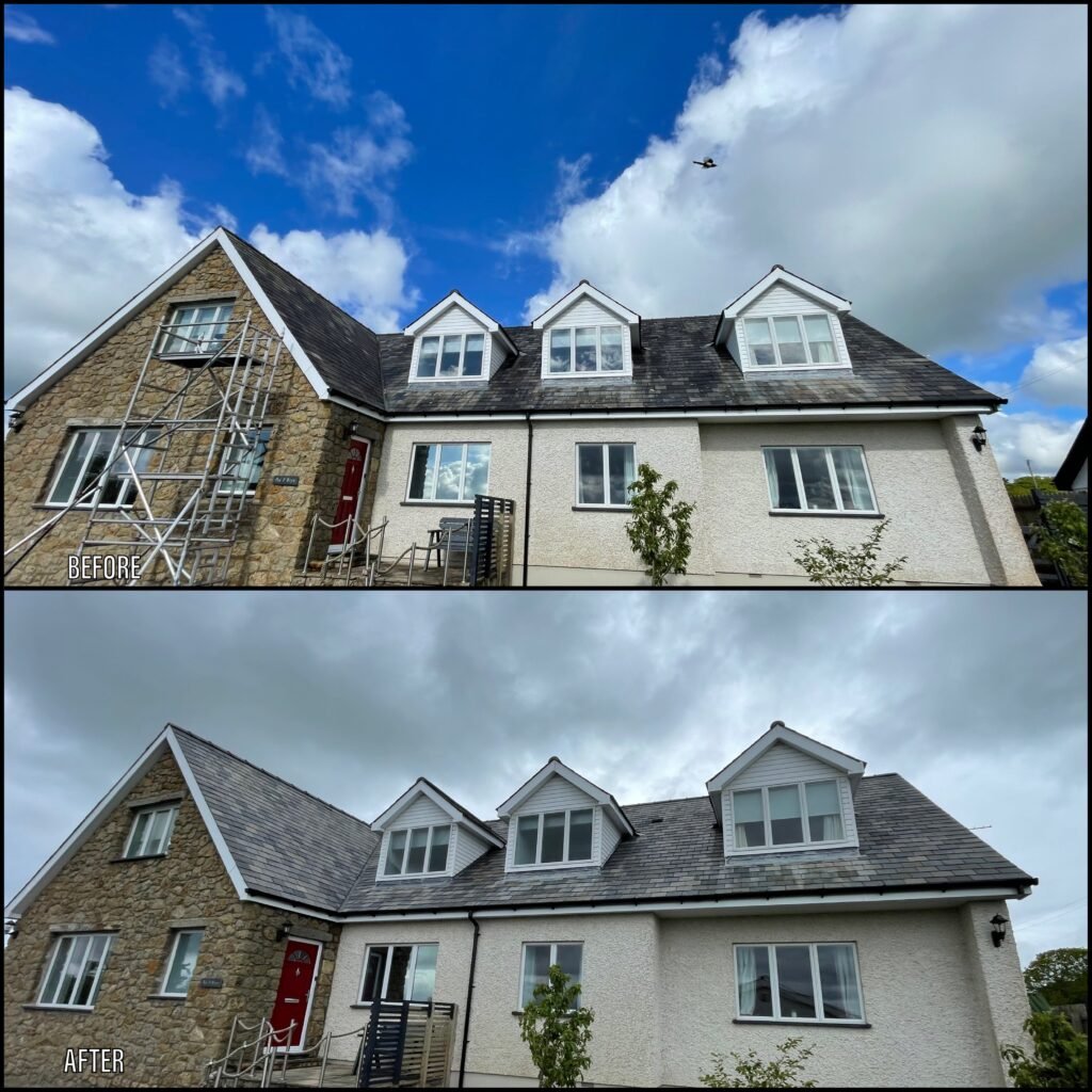 Roof cleaning before and after Valley LL65 North Wales by NW Exteriors