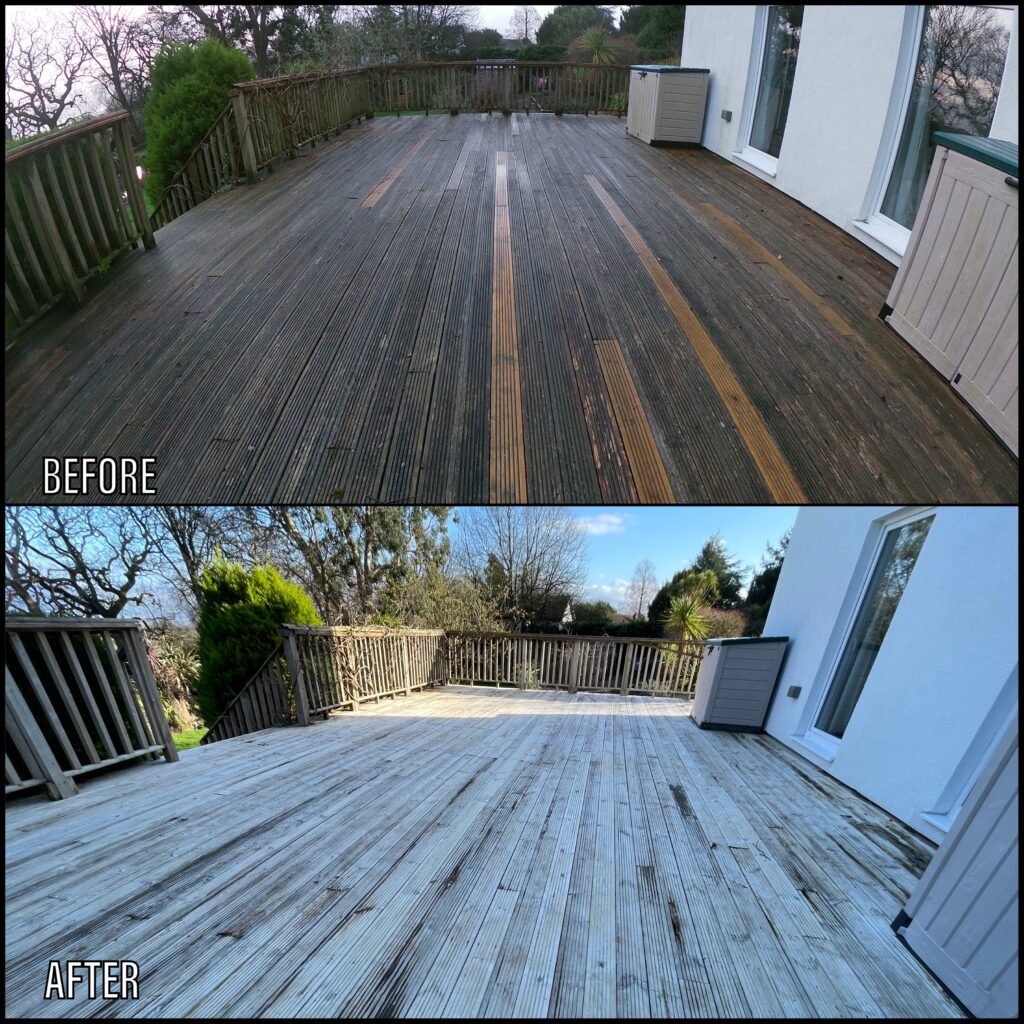 Deck Cleaning before and after Beaumaris LL58 North Wales by NW Exteriors