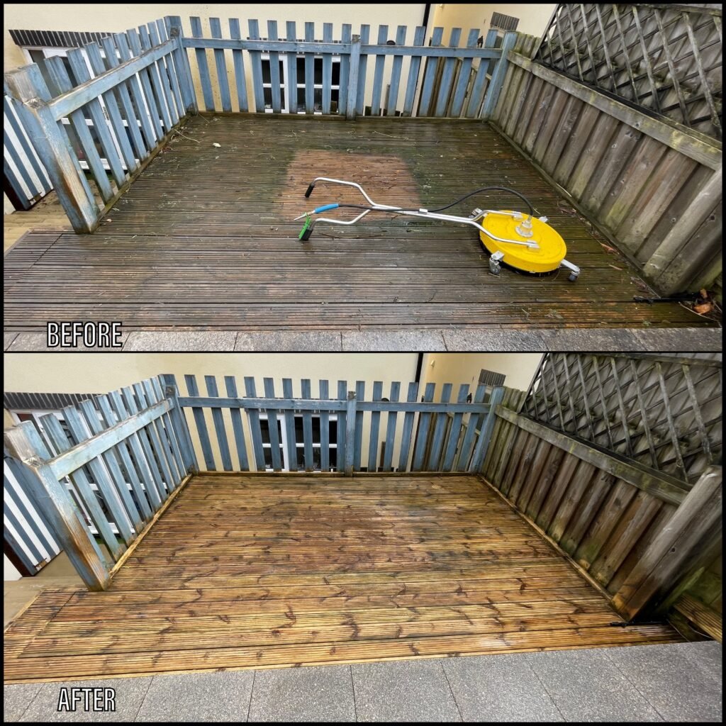 Deck Cleaning before and after Benllech LL74 North Wales by NW Exteriors