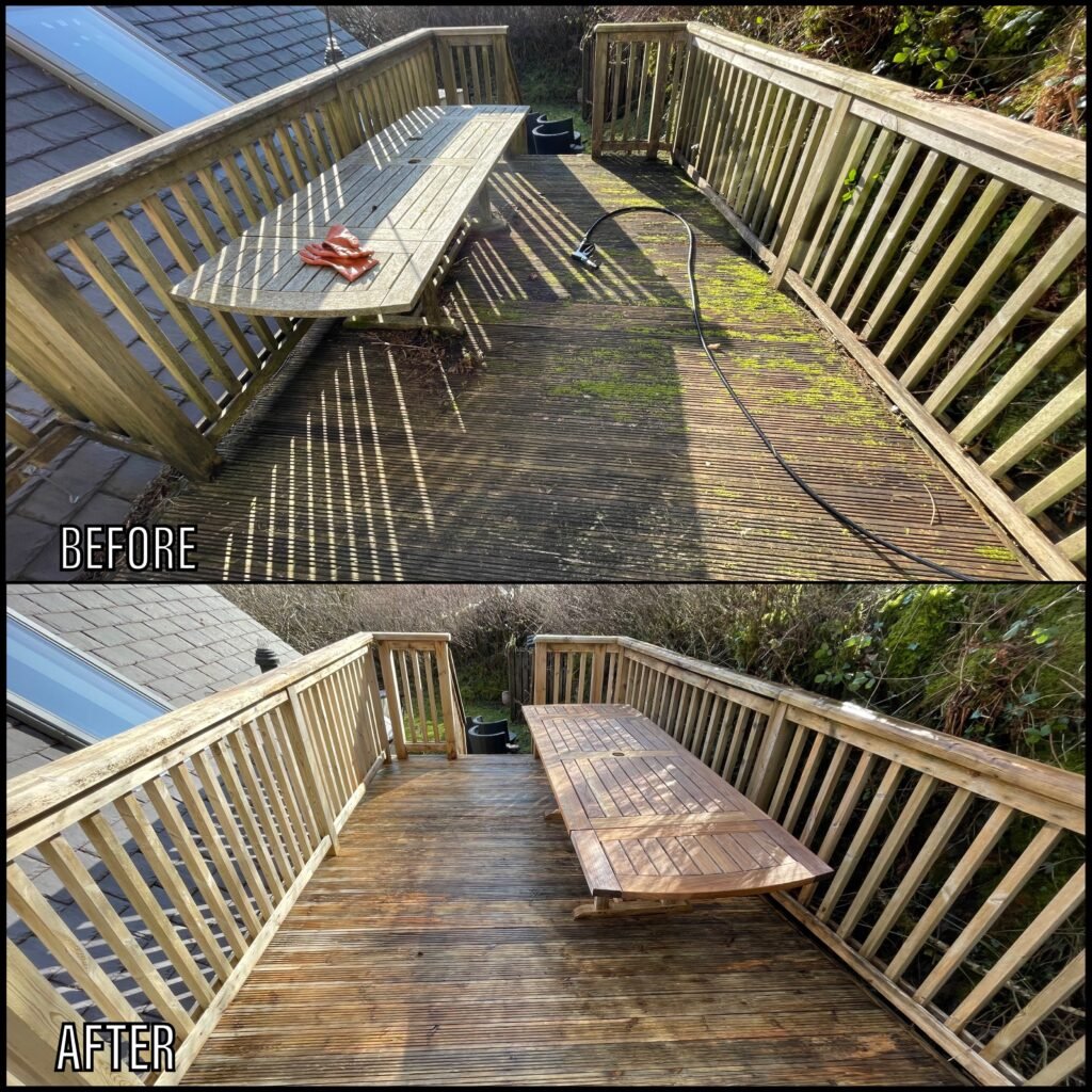 Deck Cleaning before and after Llangefni LL77 North Wales by NW Exteriors