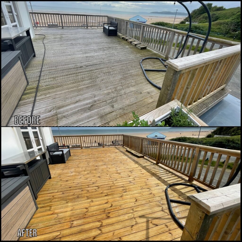 Deck Cleaning before and after Valley LL65 North Wales by NW Exteriors